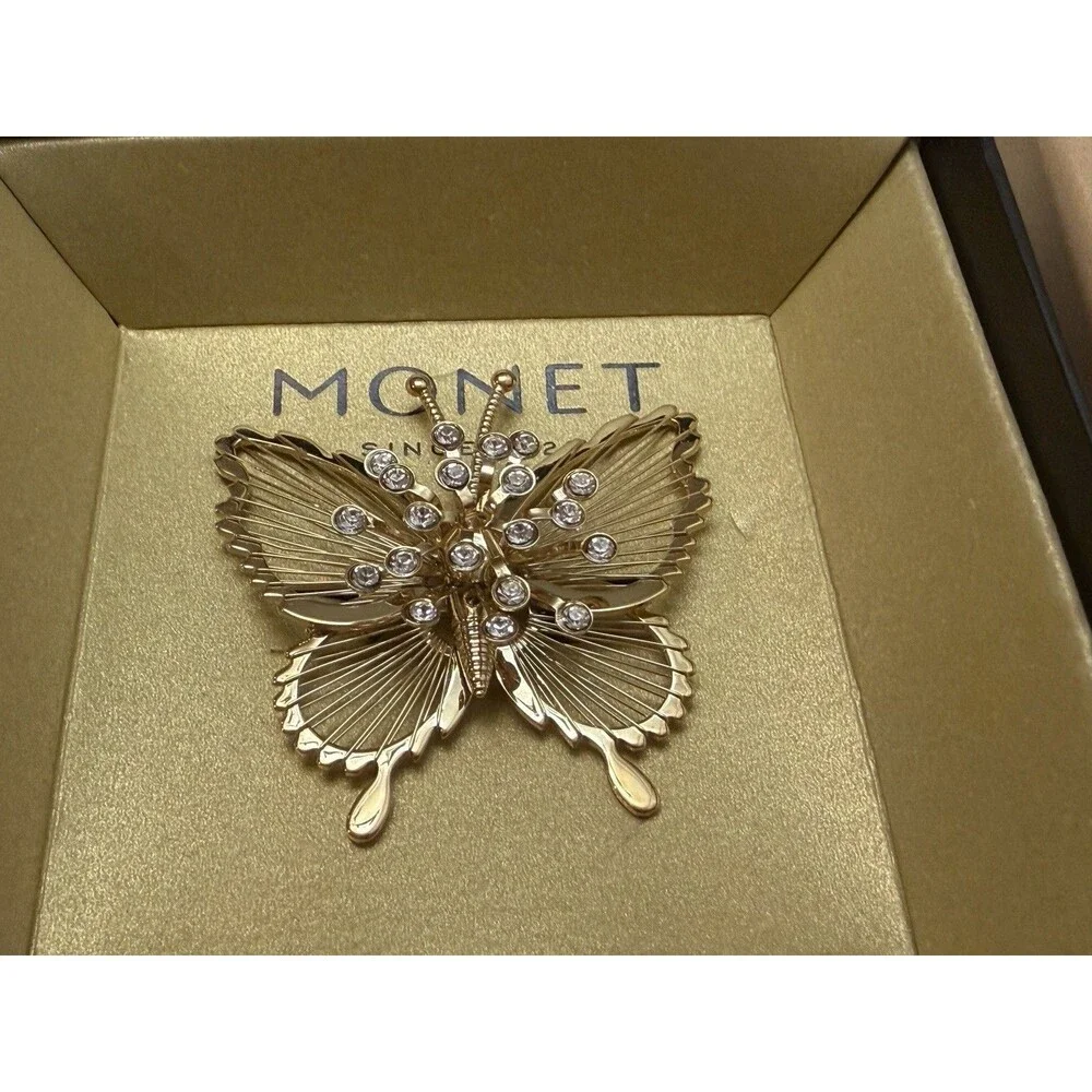 Lovely Monet Vintage Gold Tone Butterfly Brooch With Rhinestones